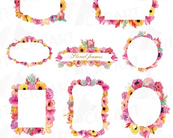 Watercolor Floral Frames Clip Art: Wedding Invitation Borders (Digital Download)