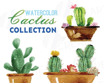 Watercolor Cactus Clipart Pack: Green Succulents, Gallery Wall Art (Digital Download)