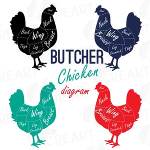 Butcher chicken diagram clip art, digital chicken chart, chicken cuts diagram, Butcher shop, vector AI, CDR, svg, dxf, eps, pdf, png files