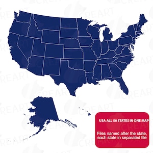 Karte der Vereinigten Staaten von Amerika. USA Wanddeko mit allen 50 US Bundesstaaten Silhouetten auf aufgeteilt. PNG-, JPG-, SVG-, Pdf-Dateien.