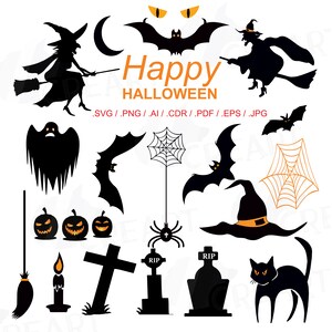 Halloween-clipartpakket, heksenillustraties, silhouetten van vleermuizen, vector-, png-, jpg-, svg- en eps-bestanden om je Halloweenfeest mee aan te kleden.