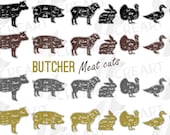 Butcher diagram clip art, cuts of meat lamb, beef, pork, chicken, duck, turkey, rabbit chart, butcher shop sign print, Kitchen wall decor