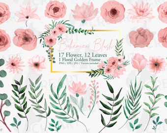 Blozen aquarel bloemen bruiloft illustraties, roze bloemen en groene takken decoratie, blozen en gouden lijst met afdrukbare ontwerpelementen.