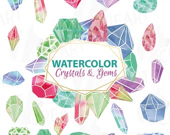 Puede incluir: Ilustración de acuarela de varios cristales y gemas coloridos. La imagen presenta una variedad de formas y tamaños, incluyendo diamantes, puntas y racimos. El texto "WATERCOLOR Crystals & Gems" se muestra en un marco dorado.