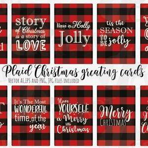 Plaid Christmas quotes greeting cards clip art. Printable Christmas phrases digital graphic for transfer. Christmas cards and decor elements