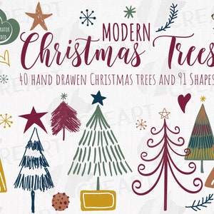 Colección de imágenes prediseñadas de árboles de Navidad modernos y coloridos. Ilustración navideña bohemia imprimible dibujada a mano. Adornos navideños SVG.