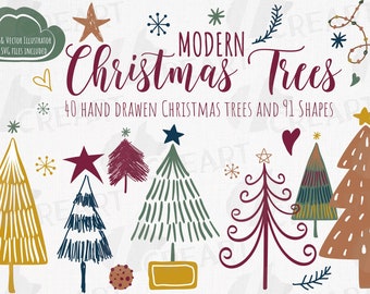 Modern colorful Christmas Trees and shapes Clip Art Collection. Boho hand drawn Christmas printable illustration. Christmast ornaments svg.