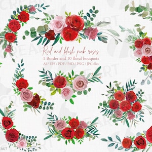 Aquarell rosa und rote Rosen Blumensträuße. Ausdruckbare Rosen Hochzeitseinladung, Clip Art zum Ausdrucken.