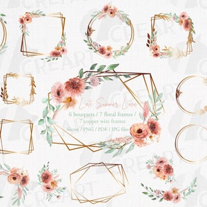 May include: A set of 7 gold floral frames with 6 watercolor bouquets of pink, peach, and white flowers. The frames are in various shapes, including circles, squares, and geometric designs. The text "Late Summer Love" is written in the center of the image.