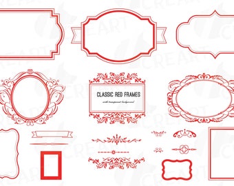 Red Frames Clip Art: Christmas Borders, Labels, Stamps (Digital Download)