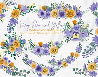Watercolor Floral Bouquet Clip Art: Very Peri & Yellow (PNG, JPG, SVG)