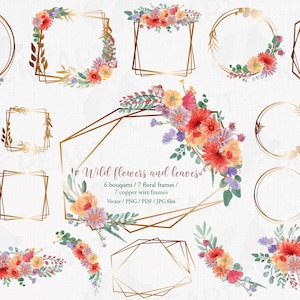 Cadres géométriques en fil de cuivre aquarelle fleurs sauvages. Graphisme floral de mariage, éléments floraux imprimables de décoration d'été et d'automne, modèles.