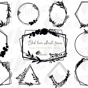 Silhouette florale géométrique noire encadre une image clipart. Bordures de fleurs de mariage svg. Modèles de conception d'invitation de mariage. Superpositions noires polygonales