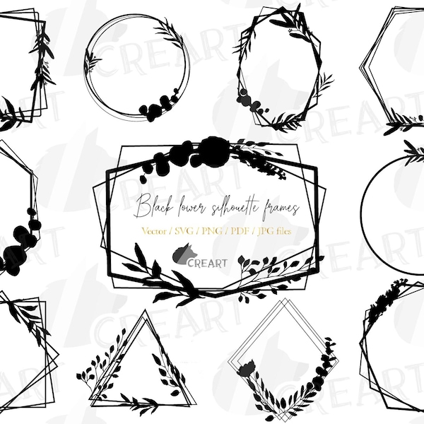 Black geometric floral silhouette frames clip art. Wedding flower borders svg. Wedding invitation design templates. Polygonal black overlays