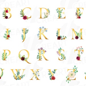 Floral golden alphabet decor clip art. Brides made wedding alphabet print. Gold toned digital A – Z  floral monogram alphabet clip art.