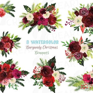 Buquês de Natal em aquarela vermelho bordô, clipart de aquarela floral para o feriado, buquês de cor vinho de inverno, PNG transparente, eps, vetores