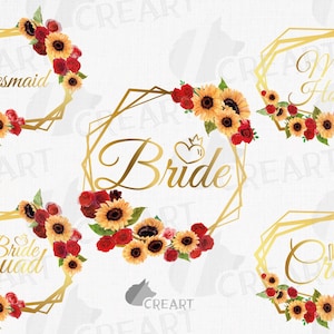 Cadres tournesol et roses rouges de la mariée, de la demoiselle d'honneur, de la demoiselle d'honneur et de l'équipe I do. Shower nuptiale clipart EVJF, EVJF png