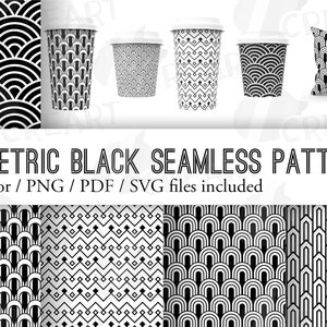 May include: A set of six geometric black and white seamless patterns. The patterns are shown on a coffee cup, a pillow, and a set of four squares. The text "Geometric Black Seamless Patterns" and "Illustrator / PNG / PDF / SVG files included" is displayed below the images.