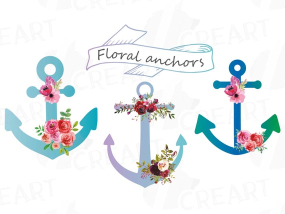Art Collectibles Clip Art Eps Watercolor Floral Anchor Floral Anchor Clip Art Collection Png Nautical Anchor Files Vector Illustrator Jpg Files Included