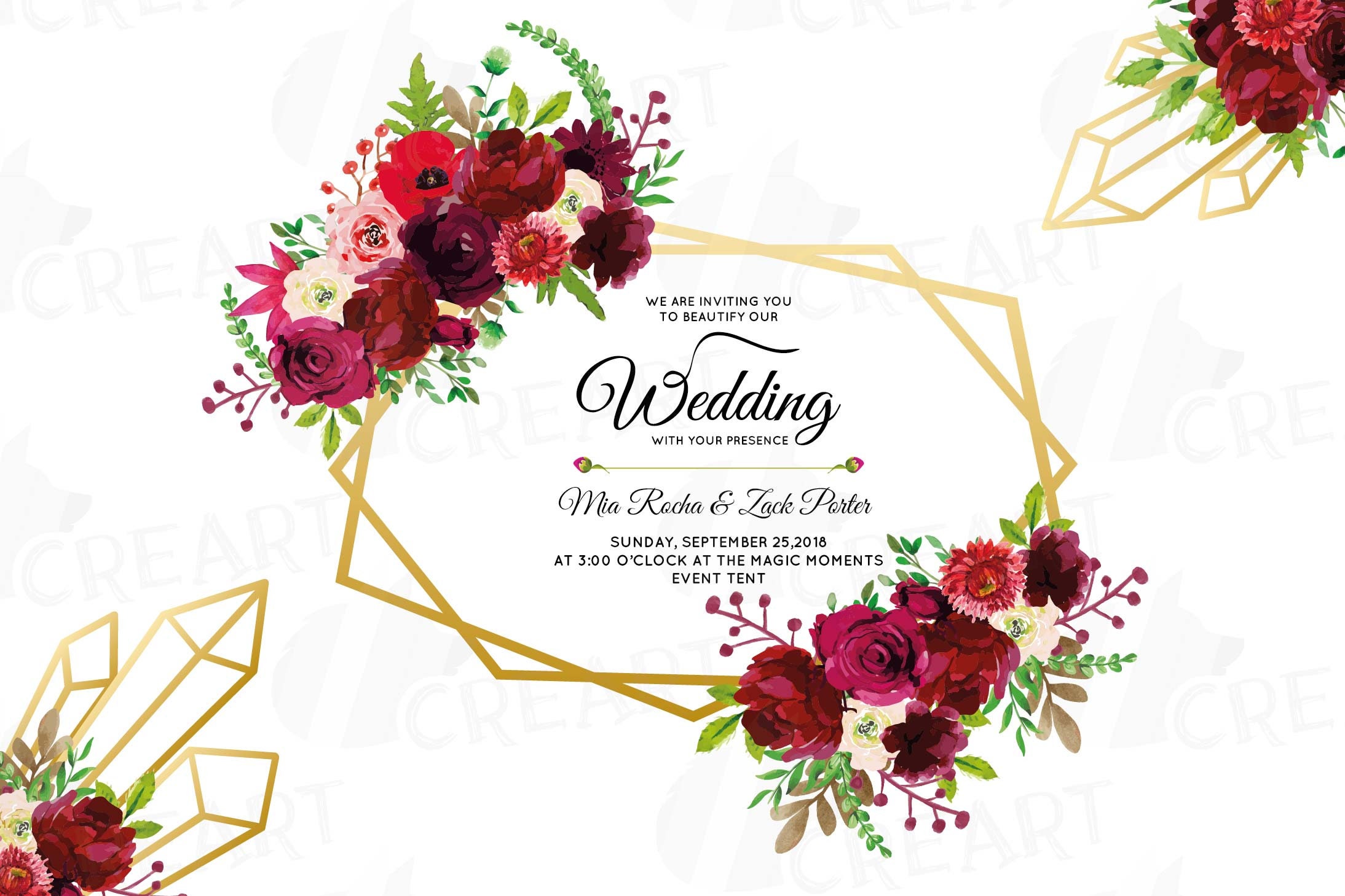 Watercolor burgundy floral geometric frame. Marsala wedding | Etsy
