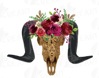 Floral Ram Skull Clipart: Carved Watercolor Design (Digital Download)