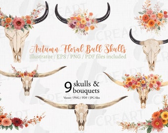 Watercolor Bull Skull with Autumn Flower Bouquets: Vectors & Images. Premade fall color invitation template, flowers home decoration clipart