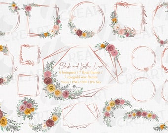 Watercolor Rose Floral Frames: Blush Pink & Gold DIY Card Elements (Digital Download)