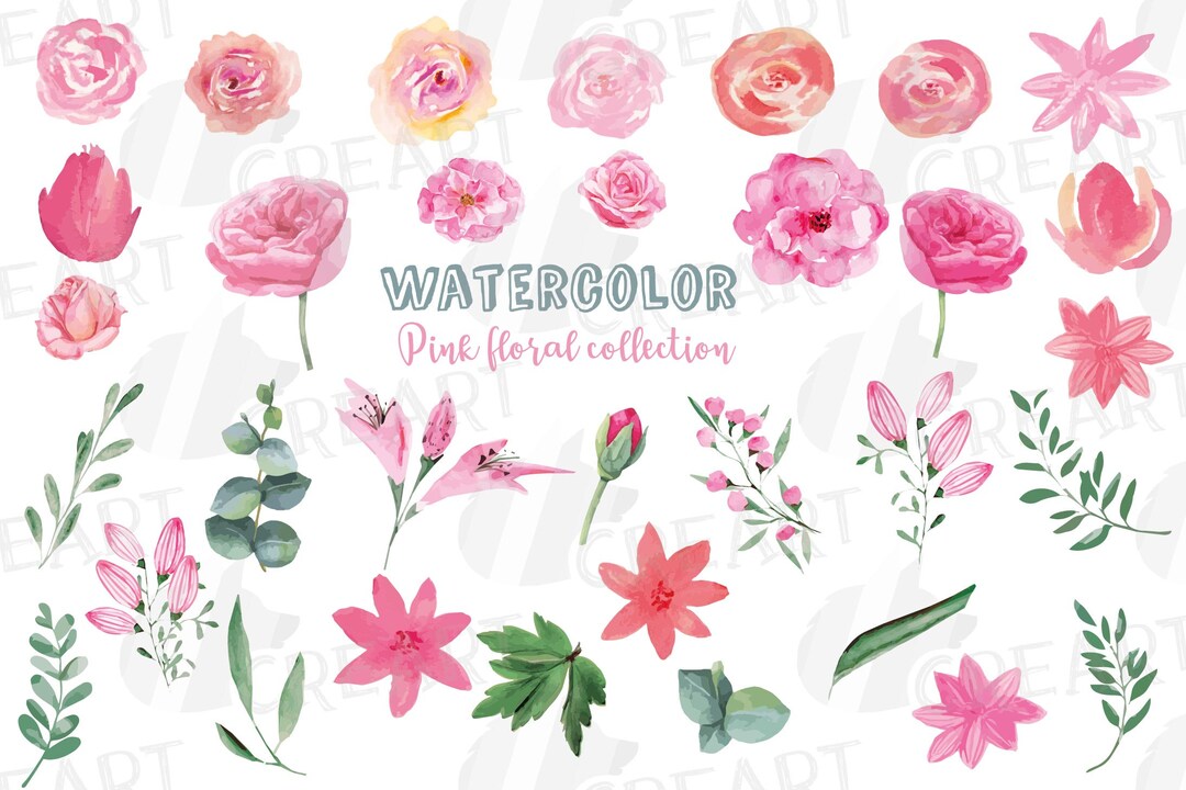 Watercolor Pink Floral Elements and Green Leaves Clip Art Pack. Eps ...