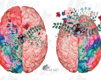 Flowering anatomical brain gift graphic art. Watercolor floral human brain clip art. Neurologist med student gift template. Medical decor.