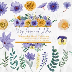 Watercolor Very Peri and Yellow flowers with green leaves clipart. Floral branches for card and invitation design. Lavender tone home decor.