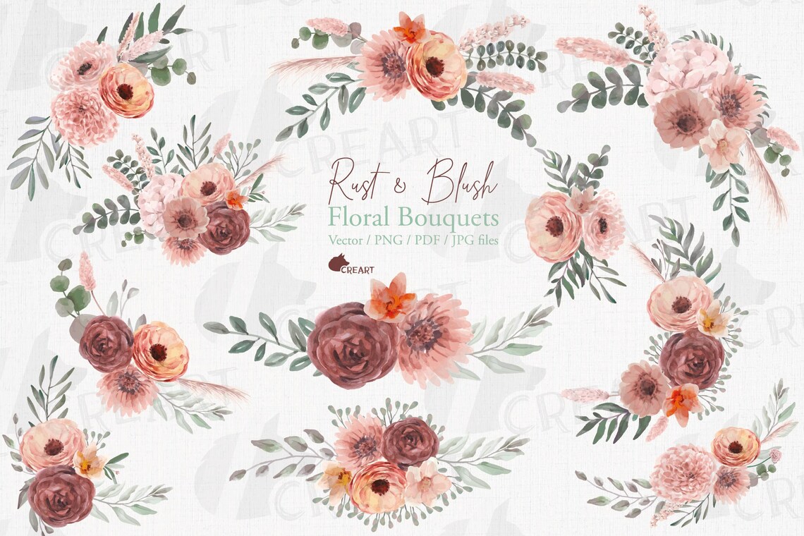 Rust and Blush Pink Bridal Bouquets Decor Collection Watercolor Floral ...