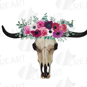 Aquarelle florale d'anémone et de roses Image clipart crâne de taureau Longhorn, crâne de taureau tribal indien floral, clipart numérique de taureau tête de mort aquarelle
