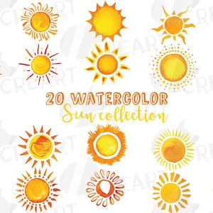 Image clipart aquarelle soleil. Illustrations imprimables au soleil. Cartes et invitations d'été DIY. Temps ensoleillé png et graphiques vectoriels pour la décoration.