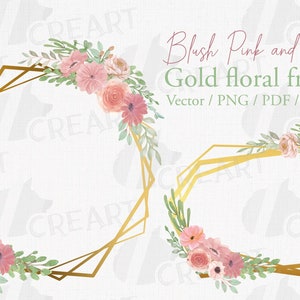 Décoration florale rose poudré en fil métallique doré. Shower nuptiale, enterrement de vie de jeune fille, EVJF, clipart graphique fleur aquarelle baby shower