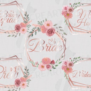 Blush floral Bride Squad, Brautjungfer, Trauzeugin, I do Crew Roségoldrahmen. Brautparty Hen Party Clipart, Junggesellinnenparty Grafik