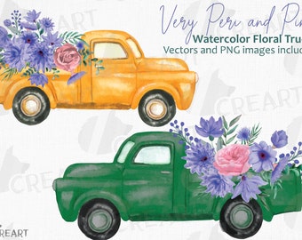 Imágenes prediseñadas de camiones con flores en acuarela: Camiones de boda color lavanda (PNG, JPG, SVG)