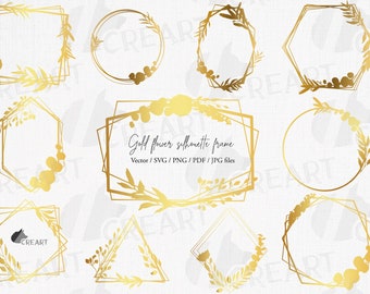 May include: Set of ten gold floral silhouette frames with different geometric shapes. The frames are perfect for adding a touch of elegance to your designs.