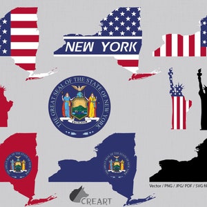 Carte de l'État de New York avec drapeau, symboles imprimables et éléments décoratifs. Le grand sceau de l'État. Vecteurs de silhouette de la Statue de la liberté, svg