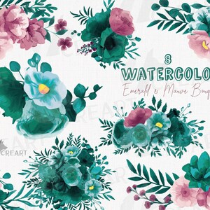 Watercolor Floral Bouquets: Emerald Green & Mauve Pink (Digital Download)