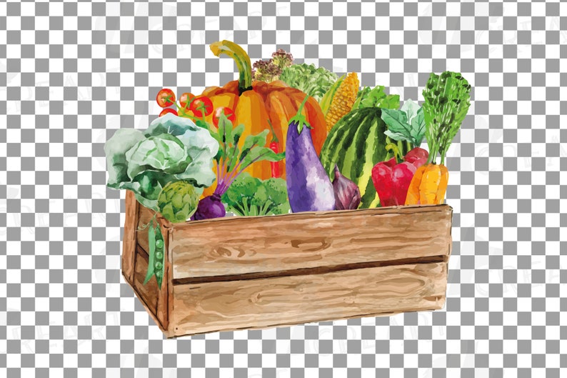 May include: A wooden crate filled with a variety of fresh produce, including a pumpkin, watermelon, eggplant, broccoli, cabbage, carrots, and peppers.