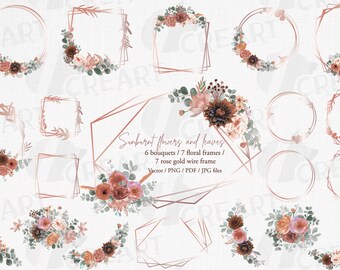 Watercolor Floral Frames & Bouquets: Sunburnt Summer Colors (PNG, JPG, PDF)