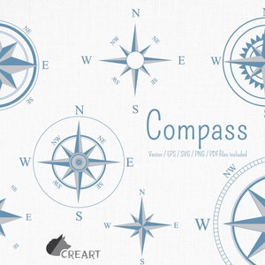 Puede incluir: Un conjunto de ocho ilustraciones de brújulas en azul y gris. Las brújulas son de varios estilos, incluyendo una rosa de los vientos tradicional, una brújula simple con una estrella y una brújula con un diseño de engranaje. El texto "Compass" y "Vector/EPS/SVG/PNG/PDF files included" también está incluido en la imagen.