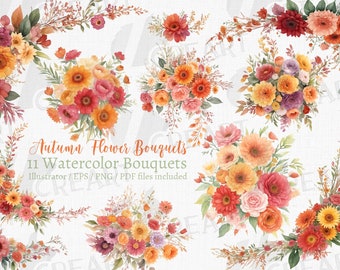Autumn Watercolor Flower Bouquets: Floral Clipart (PNG, SVG, PDF)