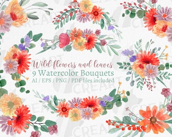 Watercolour wild flowers bouquets clipart. Floral graphic for card, invitation and home decor design, printable wedding floral png, vector