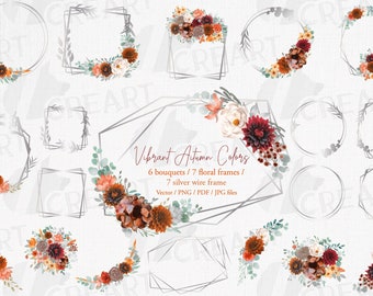 Autumn Floral Silver Frames & Bouquets: Watercolor Invitation Graphics (PNG, JPG, PDF)
