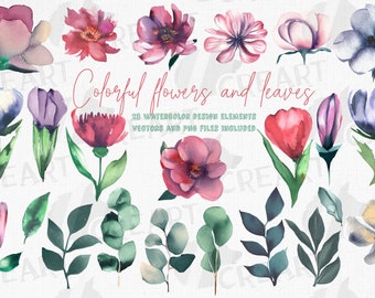 Colorful watercolor flowers and eucalyptus branches wedding decoration clip art. Invitation flowers, wedding arrangement design elements.