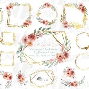 May include: A set of 7 gold geometric floral frames with 6 bouquets of watercolor flowers in shades of pink, peach, and white. The frames are perfect for adding a touch of elegance to your wedding invitations, scrapbook pages, or other creative projects.