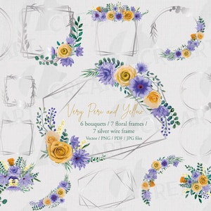 Watercolor Floral Bouquet Clipart: Silver Frames, Very Peri & Yellow (PNG, JPG, PDF)