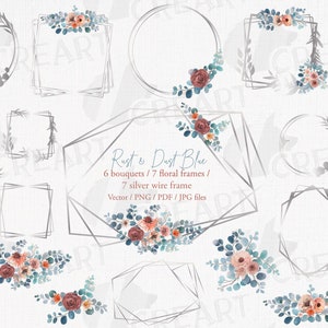 May include: A set of 7 silver wire frames with 6 watercolor floral bouquets in shades of rust and dusty blue. The frames are in various shapes, including circles, squares, and geometric shapes. The bouquets feature eucalyptus leaves, roses, and other flowers.