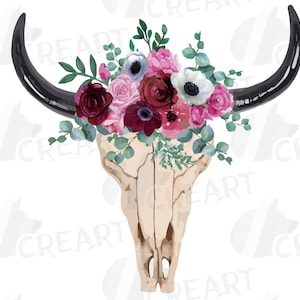 Cráneo de toro floral en acuarela con anémona y rosas, cráneo de toro tribal indio PNG, clip art digital de cráneo de toro en acuarela imprimible